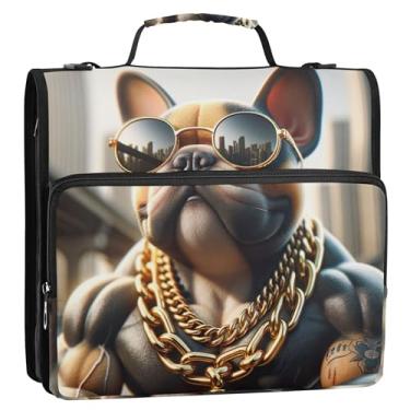 Imagem de Fichários engraçados para cães buldogue francês de 3,8 cm, 3 anéis, fichário com zíper, fichário organizador com alça, bolsa escolar de ensino médio, pasta de armazenamento personalizada com alça