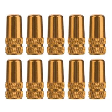 Imagem de 10 peças de tampas de válvula Presta de liga de alumínio - Capas protetoras leves contra poeira para hastes de válvula de pneu de bicicleta, acessórios de estrada e bicicletas de corrida (ouro)