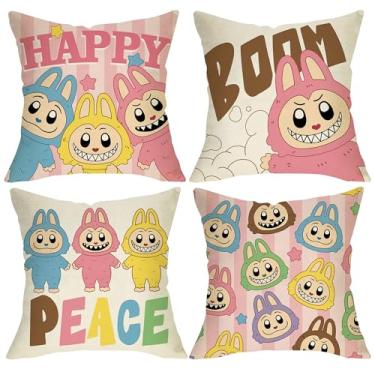 Imagem de Pycat Lindas capas de almofada decorativas 50 x 50 conjunto de 4, Macaron Monster Happy Peace Boom varanda decoração de casa ao ar livre, listras estrelas sofá sofá capa de almofada