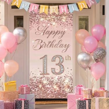 Imagem de BlissYard Capa de porta de aniversário de 13 anos 178 x 89 cm ouro rosa com glitter, faixa de feliz aniversário, placa de fundo de diamante para meninas adolescentes, decorações de festa, decoração de