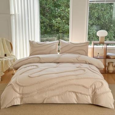 Imagem de MEILA Conjunto de capa de edredom de microfibra lavada, tamanho Queen, design ondulado adornado, conjunto de cama com 3 peças, bordado macio boêmio texturizado com zíper e laços de canto, 228 cm x 228