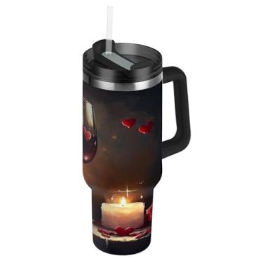 Imagem de Blueangle Copo de vinho e rosas de 850 g com alça e tampa de palha, caneca de viagem de aço inoxidável isolada a vácuo de parede dupla, garrafa de água reutilizável para academia de escritório ao ar