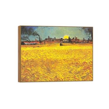 Imagem de Vincent van Gogh Famosa pintura em tela de arte de parede pronta para pendurar. Campo de trigo ao pôr do sol. Imagem em moldura de madeira para decoração de sala de estar 70 x 90 cm 27 x 35 pol