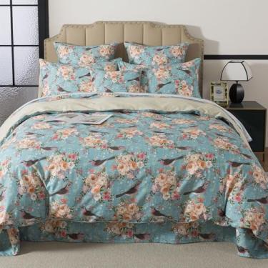Imagem de FADFAY Conjunto de capa de edredom completo, 3 peças de roupa de cama floral 100% algodão com fecho de zíper, estampa vintage de pássaros e flores botânicas, capa de edredom macia e respirável para