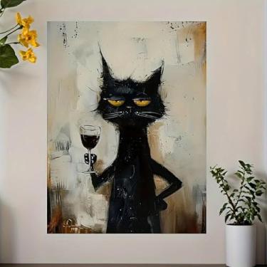 Imagem de 1 peça arte chique gato preto impressão em tela minimalista animal pôster durável arte impressa banheiro decoração sala de estar escritório (Observação: sem moldura), 20 cm x 30 cm