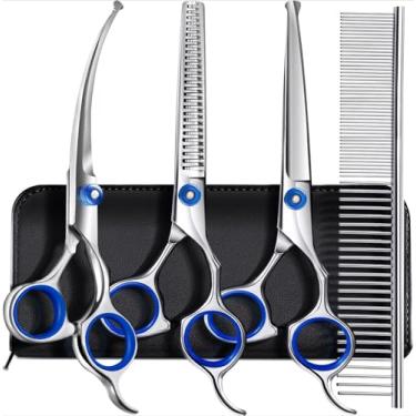 Imagem de Tesoura 5 em 1 para cuidar de cães, tesoura profissional para cuidados com animais de estimação com pontas redondas de segurança, retas, curvas e tesouras de desbaste para cães e gatos (azul)