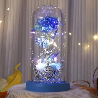Imagem de Strackvial Dia dos Namorados para mulheres, rosa eterna iluminada com coroa de prata, rosas azuis artificiais de LED na base azul, presente de aniversário para mãe, esposa, namorada (azul)