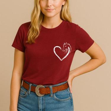 Imagem de Camiseta Agodão Feminina Estamp Coração Crista Cavalo Modinha Jovem Fe
