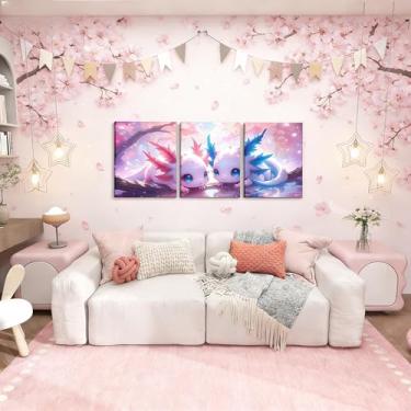Imagem de Erosebridal Arte de parede 3D Axolotl para sala de estar 3 peças, decoração de parede salamandra mágica para casa, quarto, flor de cerejeira, pôsteres de arte