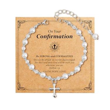 Imagem de Eaciy Presentes de primeira comunhão para meninas - Pulseira de cruz de pérola para meninas, primeira comunhão, batismo, presentes de confirmação para meninas adolescentes, neta, filha, sobrinha, 6+2