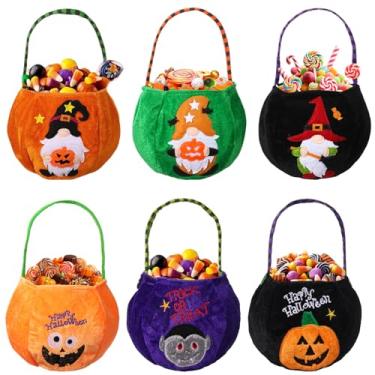 Imagem de Sadnyy Balde de pelúcia de abóbora de Halloween para crianças de 15 x 12 cm Baldes de doces ou travessuras fofas de monstros com alça suporte de presente portátil para lembrancinhas de festa em sala