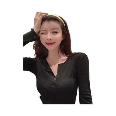 Imagem de Camiseta Feminina De Algodão De Manga Longa Slim Fit Moda Coreana Top 