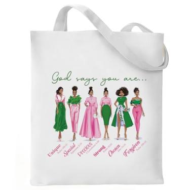 Imagem de VeloKomo Presentes de irmandade para mulheres - Sacola estética rosa e verde reutilizável de algodão mercearia bolsa de compras para trabalho, viagem, academia, acessórios, festa de ano novo, presente