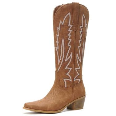 Imagem de Cozivwaiy Botas caubói femininas cowgirl western bico quadrado salto grosso bordado cano alto moda country concerto botas, Marrom, 35