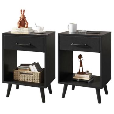 Imagem de YMYNY Conjunto de 2 mesas-de-cabeceira, mesa lateral com gaveta de tecido, alça e compartimento aberto, pernas de madeira maciça, mesa de centro de madeira para quarto, sala de estar, preto UHST020B-2