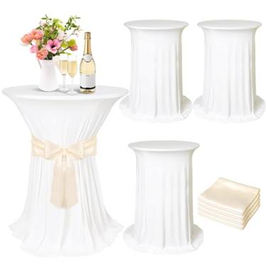 Imagem de Kochorie Conjunto de 4 capas de mesa de coquetel com faixa de cetim, saia redonda para mesa de coquetel de 81 x 109 cm, toalha de mesa elástica de elastano para decoração de festa de aniversário