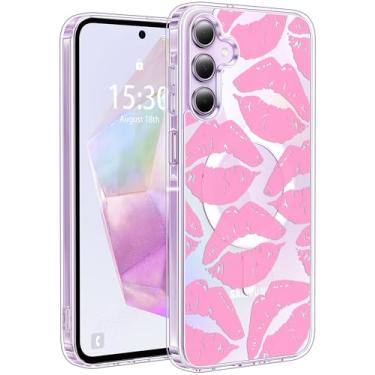 Imagem de Jkvare Capa para Samsung Galaxy A35 compatível com MagSafe, capa protetora magnética sem fio com padrão estético cristalino para mulheres e meninas - lábios rosa