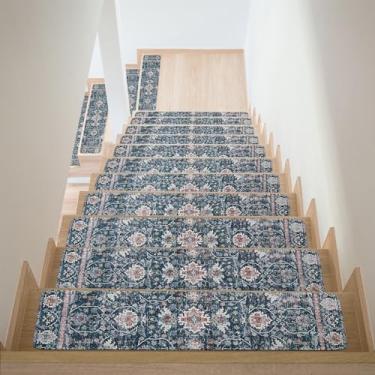 Imagem de Tapete antiderrapante para degraus de madeira azul 76 cm x 20 cm corredor de escada interior tapetes de escada extra antiderrapante tapetes de segurança de borracha, degraus de aderência de escada
