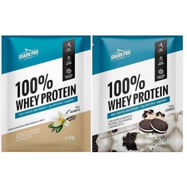 Imagem de 100% Whey Protein Sachê de 40g Sabores Baunilha e Cookies & Cream-Shark Pro-Kit 04 unidades