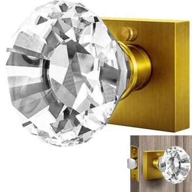 Imagem de Balin Designs Maçanetas de porta de cristal de latão antigo com trava, base quadrada, conjunto de privacidade interior de maçanetas de porta de vidro, maçaneta decorativa vintage estilo antigo de