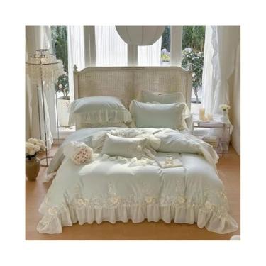 Imagem de x3anggyt5 Conjunto de cama chique de renda com babados, 4 peças, Queen King, algodão egípcio, conjunto de capa de edredom com lençol de cima e fronhas (king size, 4 peças)