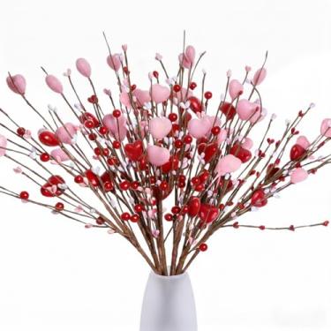 Imagem de Sokfone Pacote com 6 decorações para o Dia dos Namorados – Flores artificiais de coração vermelho rosa e caules de frutos silvestres, palitos em forma de coração para encher vasos, decoração de festa
