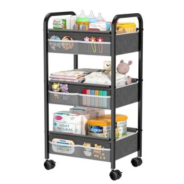 Imagem de Carrinho utilitário com rodinhas para fraldas de bebê, organizador de berçário de 3 níveis, com divisórias e gavetas para berço, quarto, organizador de arte e artesanato, preto