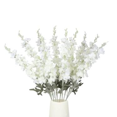 Imagem de GrainBuds 10 peças de flores artificiais de Delphinium branco, flores falsas, 88 cm, haste longa, flores de seda sintética, volume para vaso alto para decoração de mesa de arranjos florais em casa e