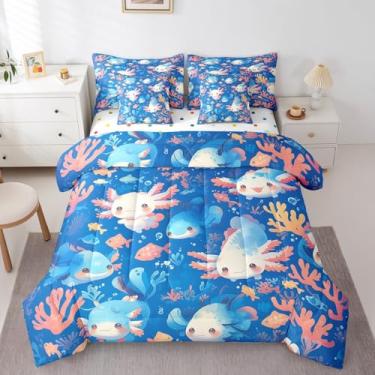 Imagem de Erosebridal Conjunto de edredom solteiro Axolotl azul com desenho animado de 7 peças, para crianças, meninos, meninas, mundo subaquático, salamandra, peixe, salamandra, animal, coral