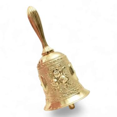 Imagem de Sino de mão de ritual espiritual para limpeza e oração – variantes de ouro, prata e latão floral – ideal para cerimônias de santeria, Wicca e meditação (Sino dourado com gravação floral)