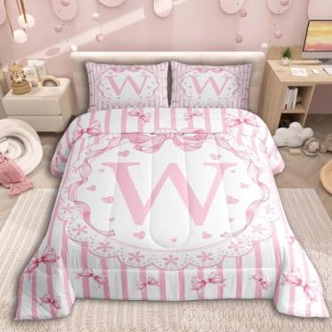 Imagem de jejeloiu Lindo conjunto de edredom com laço para todas as estações, rosa, com 1 fronha, estampa listrada, microfibra, roupa de cama solteiro, para decoração de quarto, edredom respirável, macio e leve