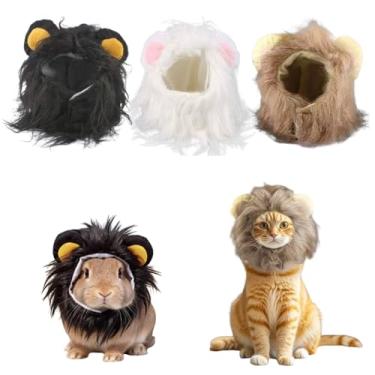 Imagem de 3 peças de peruca de juba de leão para coelho gato cachorro fantasia de Halloween chapéu ajustável para animal de estimação boné de cabelo de leão acessório de roupas de coelho acessórios para cosplay