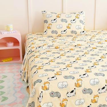 Imagem de MICORAL Jogo de lençol solteiro infantil, 3 peças de lençóis para meninos e meninas, lençóis de microfibra com estampa macia, conjunto de cama infantil aconchegante, gatos bege