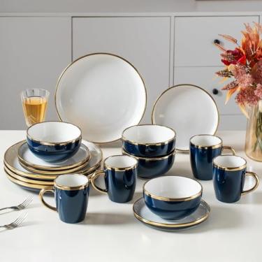 Imagem de Conjuntos de louça de cerâmica azul e dourada para 4 conjuntos de pratos e tigelas de luxo com borda dourada, conjunto de pratos modernos para casamento, Natal, aniversário de casamento, resistente a