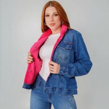 Imagem de Jaqueta Feminina Jeans Forro e Gola Peluciada Pink Bolso Frontal Punho Com Botão-Feminino