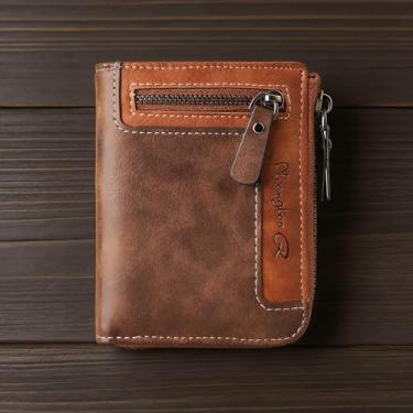 Imagem de Carteira masculina de couro sintético com zíper, porta-cartões fino e dobrável com bolso para moedas e janela para identidade, carteira compacta pequena para homens, presente clássico de transporte