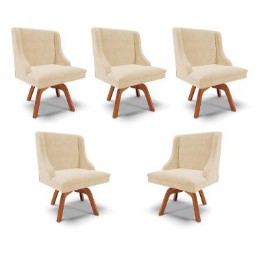 Imagem de Kit 5 Cadeiras Decorativas Sala de Jantar Base Giratória de Madeira Firenze Suede Bege/Natural G19 - Gran Belo