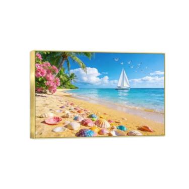 Imagem de BMZFYBS Impressão em tela de paisagem pronta para pendurar - praia pássaros marinhos - pintura de arte de parede - decoração de casa moderna imagem moldura dourada 20 x 30 cm 8 x 12 pol