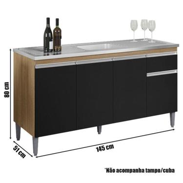 Imagem de Balcão De Pia Tatiane 145 Cm E Armário Aéreo Andreia 4 Portas 150 Cm Amêndoa Preto - Ajl