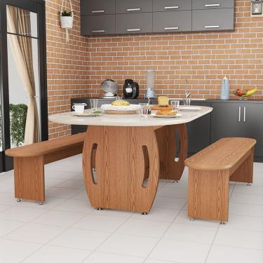 Imagem de Conjunto Sala de Jantar Industrial Mesa Oval 137m e 2 Bancos MDF Amadeirado