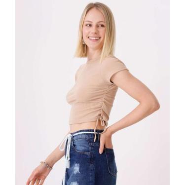 Imagem de Blusa Feminina Canelada Drapeada Manga Curta Marisa-18072, Bege, PP