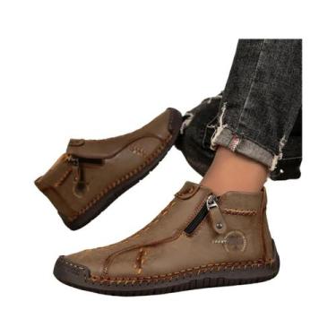 Imagem de Tênis De Couro Feitos À Mão Para Homens Com Zíper, Botas Casuais Plana
