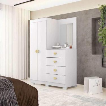 Imagem de Cômoda Roupeiro Com Espelho 2 Portas 4 Gavetas Cristal - Branco - Vila