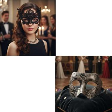 Imagem de Kit C/ 2 Máscaras Casal Baile Festas Debutante 50 Tons de Cinza - CM P