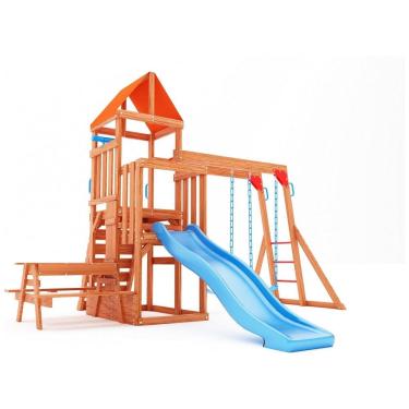 Imagem de Conjunto de Balanço Infantil? 6 em 1 Dolphin Playground T Madeira Natural Multicolorido com Barra de Macaco, Mesa 2 em 1, Escorregador Onda