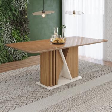 Imagem de Mesa Valine 200cm Canto Arredondado com Vidro Incolor Marrom/Off White