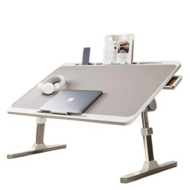 Imagem de Mesa Notebook Sofa Cama Suporte Aluminio Madeira Ajustavel Cinza Gaveta Dobravel Suporte Articulado Cafe Estudo