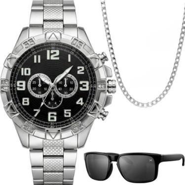 Imagem de Relogio Masculino Prata + Oculos Proteção UV + Cordão Cruz robusto ino