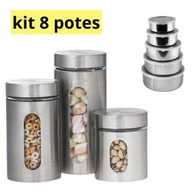 Imagem de Kit 8x Potes Para Mantimentos De Aço Inox E Vidro Com Tampa - - Wincy,