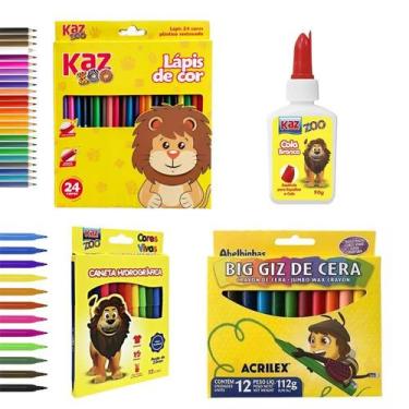 Imagem de Kit Material Escolar Canetinha Lápis de Cor Giz Cola 49 Pcs - KAZ Zoo